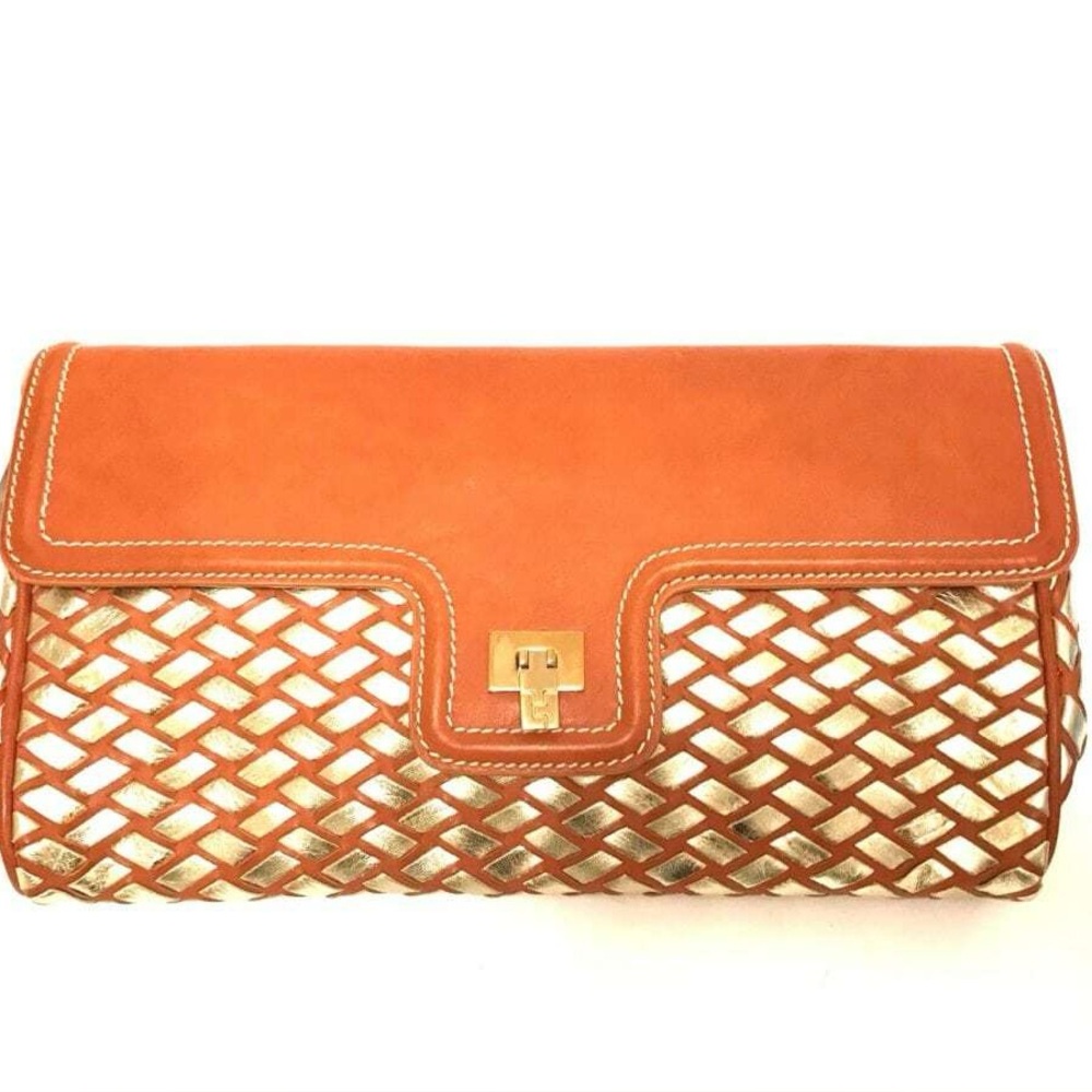 Lambertson Truex tan and leather gold metallic woven large clutch. Rare finding